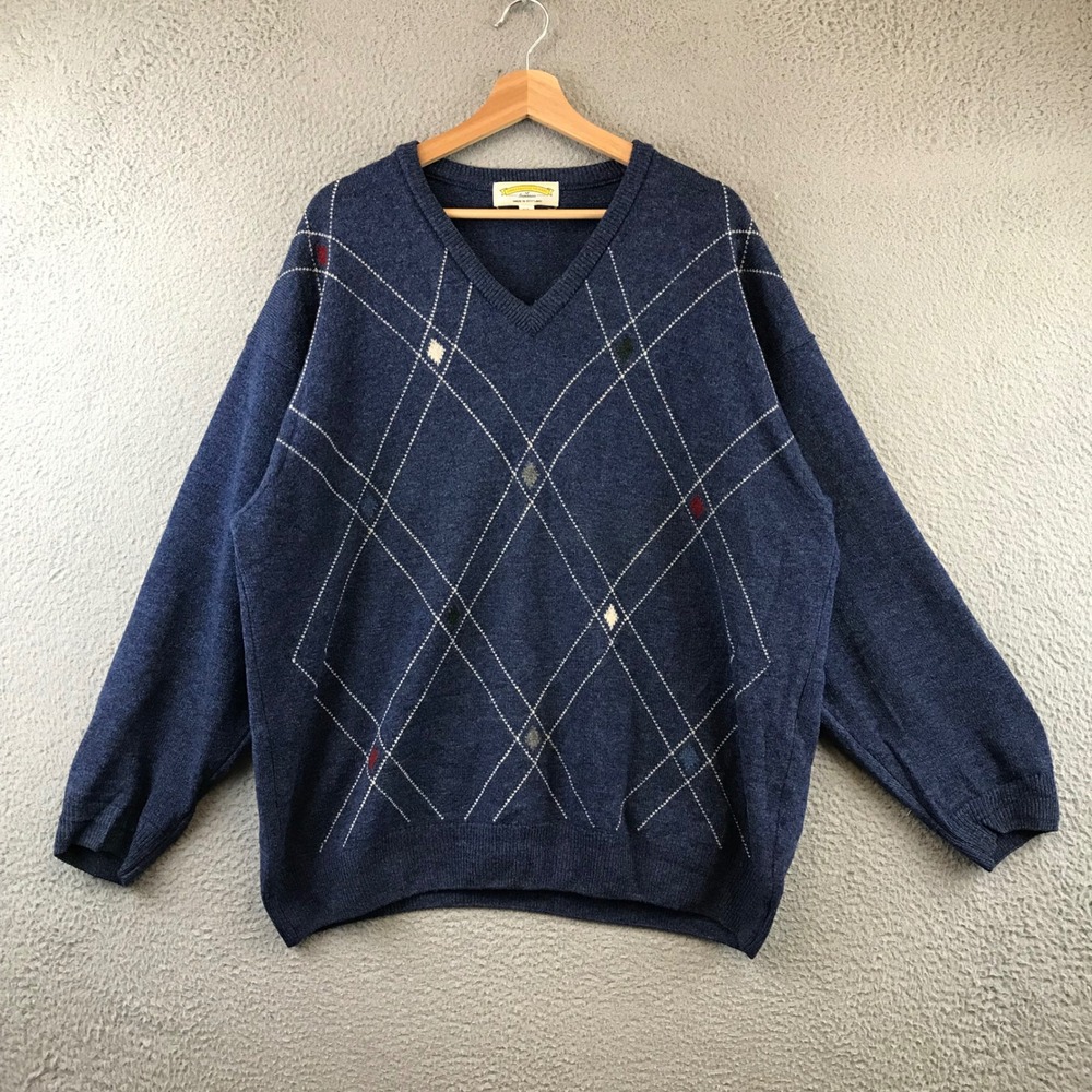 Vintage James Pringle Weavers Argyle V Neck Sweater Men's XL Made in Scotland